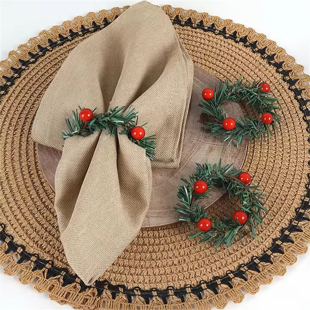 6-Pack Red Fruit Pine Needle Napkin Rings | Holiday Table Decor