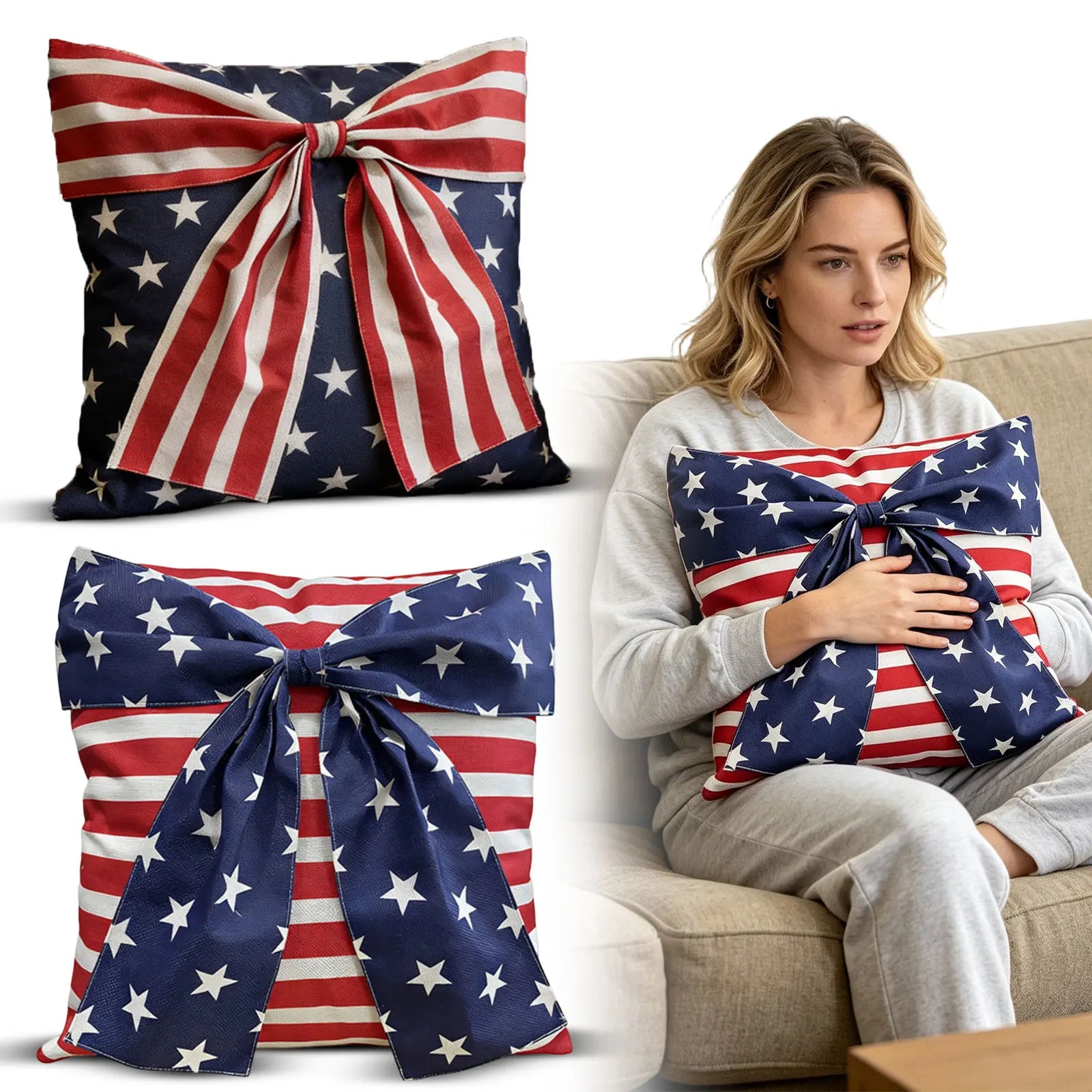 4th of July Pillow Cover Bow America Flag Stars Stripes Patriotic 3D Pillowcase Independence Day Decorations for Cushion Case Peaceful Pleasures Health and Wellness