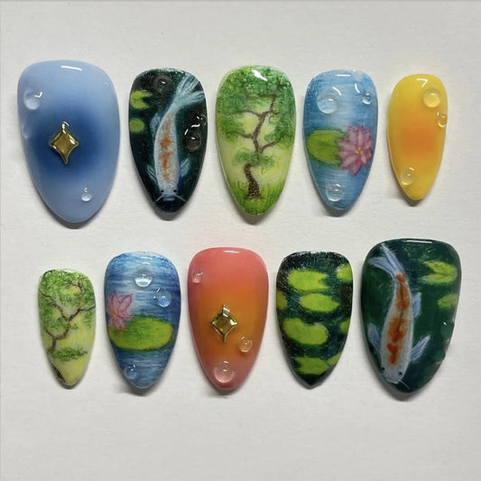 24pc Lotus Koi Press On Nails – Long Almond False Nails Press On Nails Peaceful Pleasures Health and Wellness