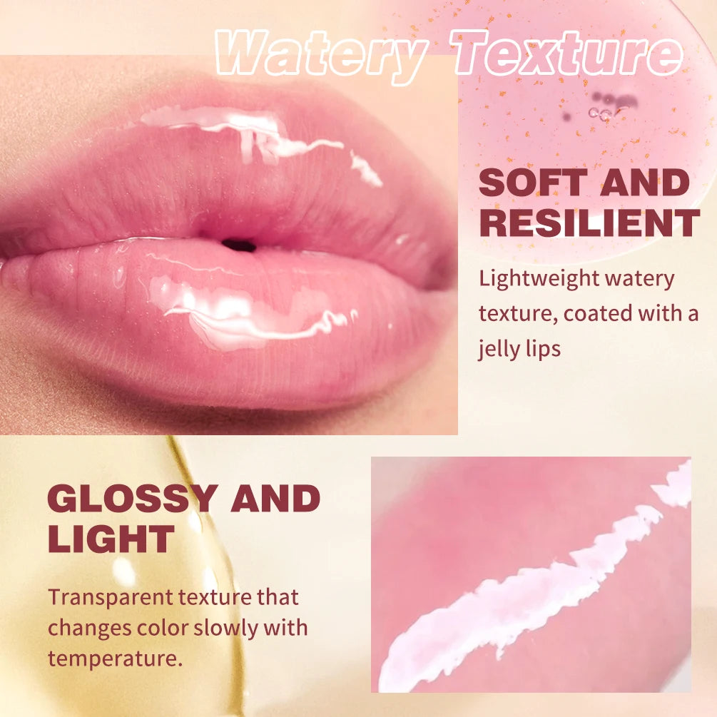 QIBEST Glitter Plumping Lipgloss Jelly Moisturizer Fruit Color Changing Lip Oil Transparent Fullness Lip Tint Gel Makeup LipCare Peaceful Pleasures Health and Wellness