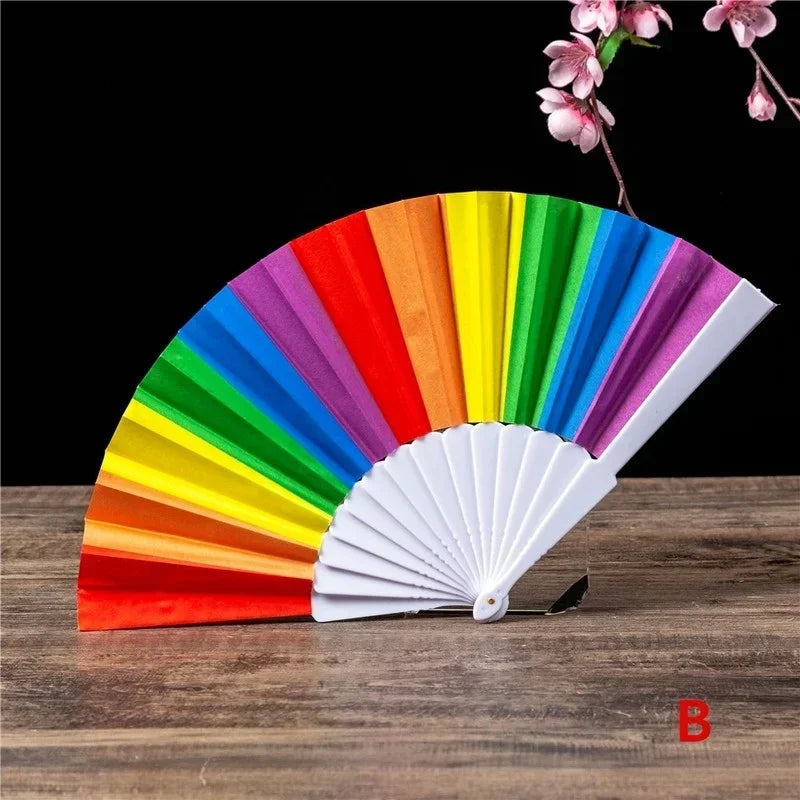 Plastic Hand Crank Fan Foldable Oriental Rainbow Silk Fabric Pocket