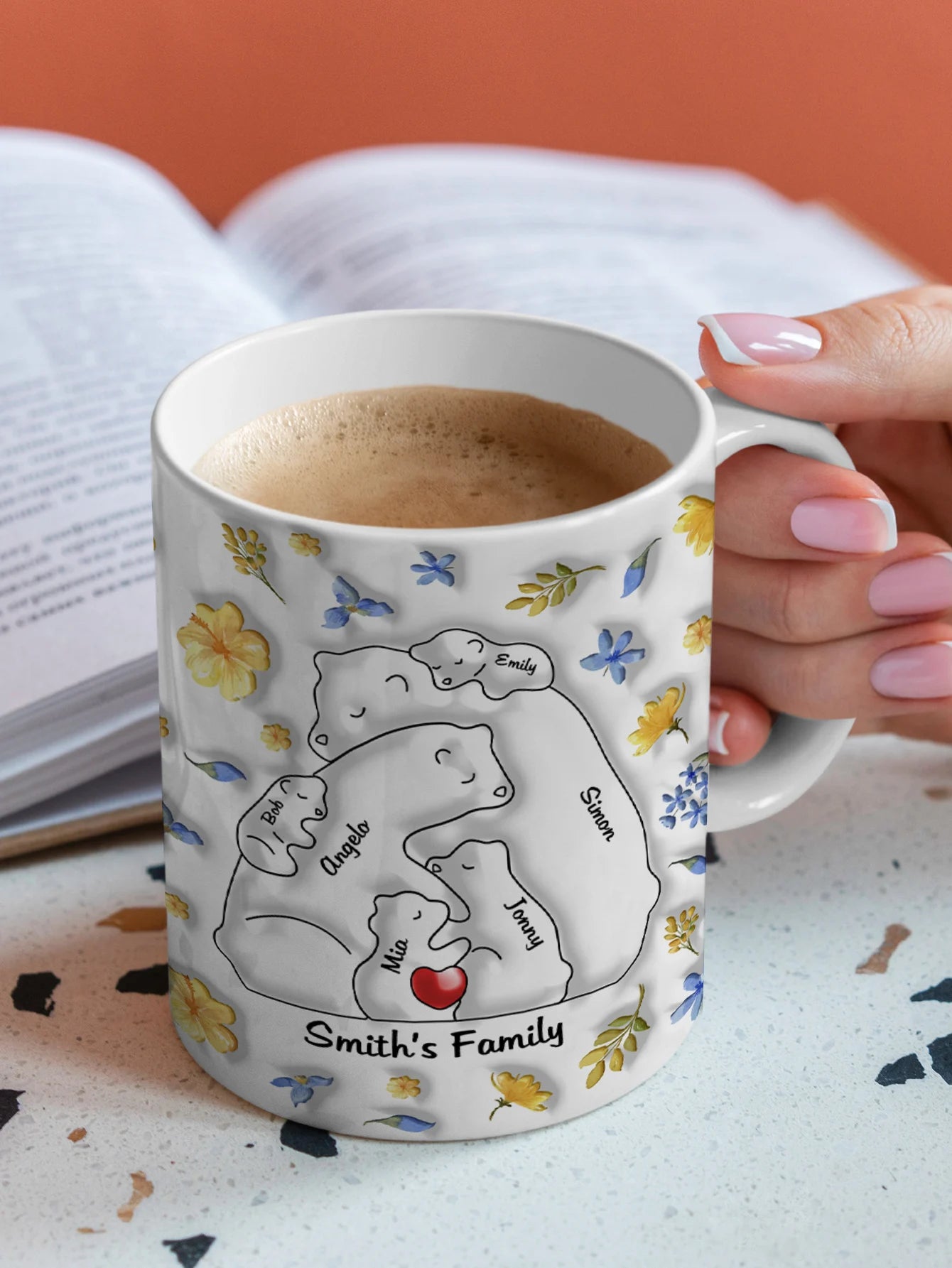 Custom Bear Family Name Mug 11oz Personalized Names Coffee Cup 3D Inflated Effect Gift for Mom Dad Couple Wedding Peaceful Pleasures Health and Wellness