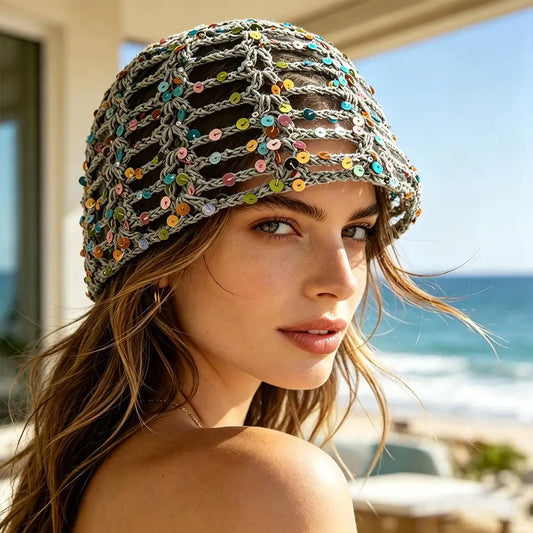Y2K Sequined Crochet Beanie – Fishnet Pullover Hat for Women Crochet Fashion Hat Oasis Select