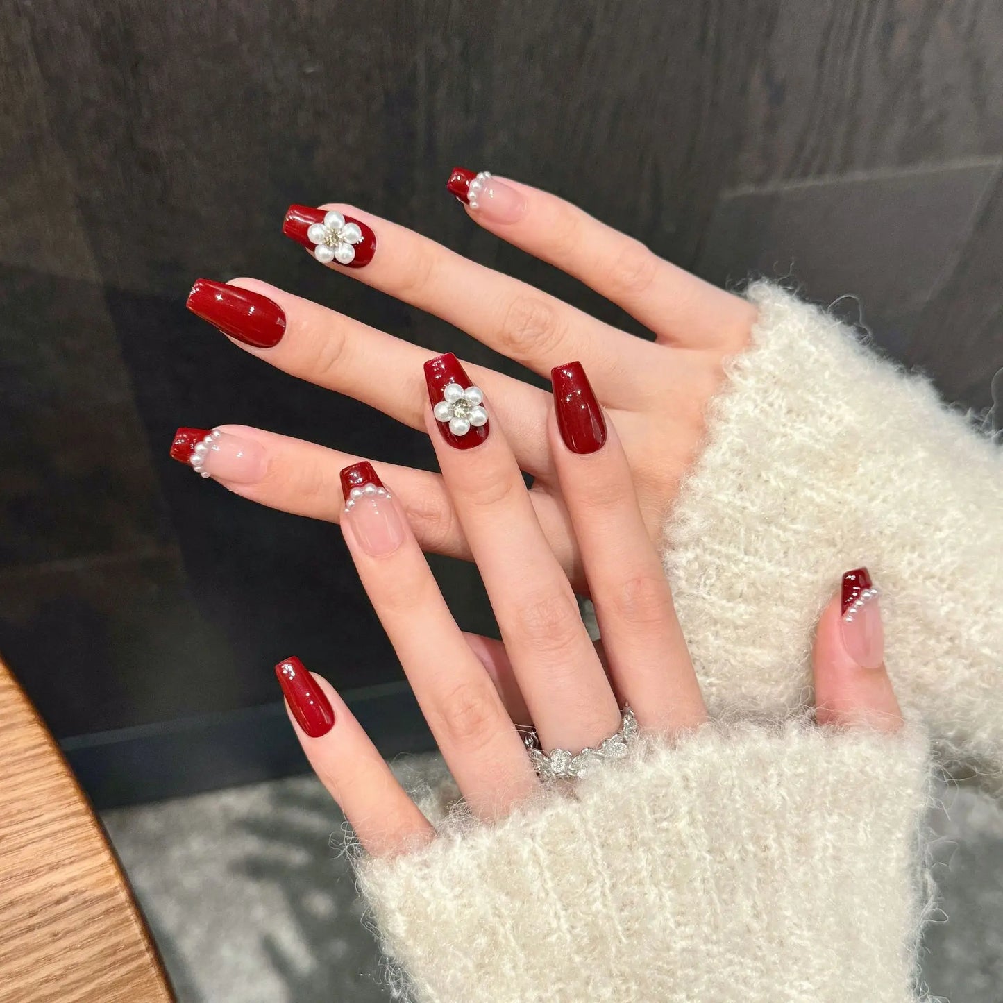 Handmade Press on Nails Short Red French Fake Nails with 3D Pearl Flower Design Sweet Korean Style False Nail Tips for Girl Peaceful Pleasures Health and Wellness