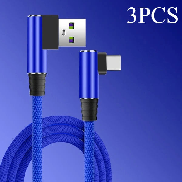 90° Elbow USB-C Fast Charging Cable 40W Nylon Braided Gaming Peaceful Pleasures Health and Wellness 3pcs Blue 0.25m