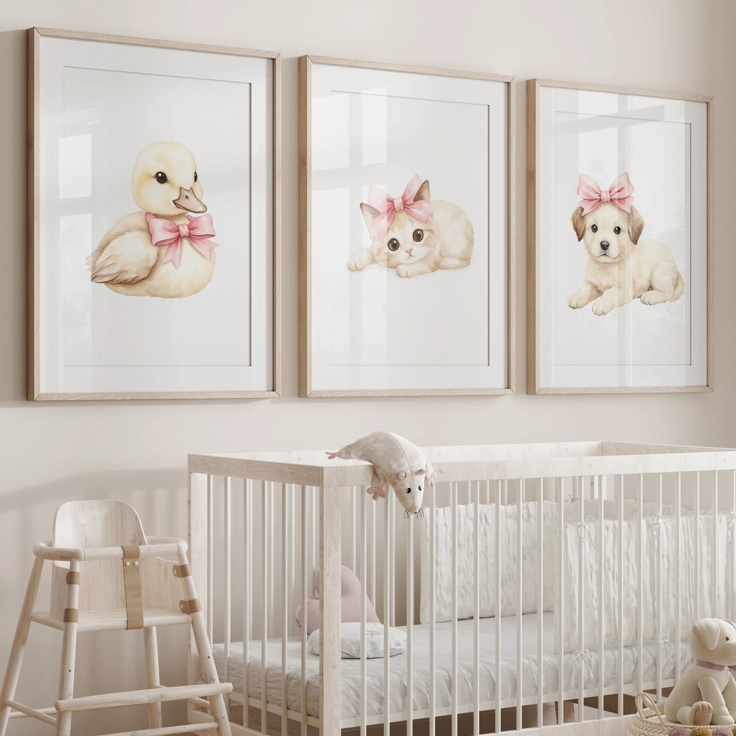 3-Piece Cartoon Animals Pink Bow Canvas Wall Art | Kids Decor