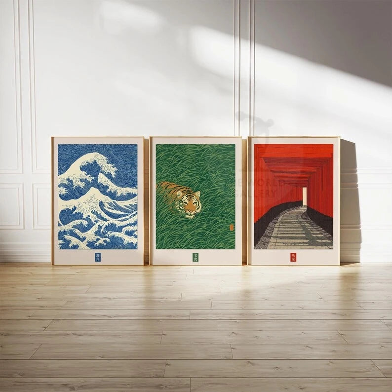 3-Piece Retro Japanese Tiger Wave Canvas Wall Art Posters