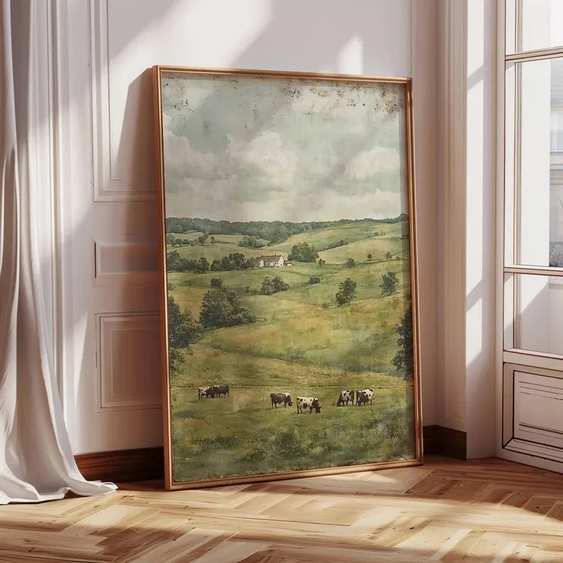 Retro Farmhouse Cow Landscape Canvas Wall Art Print | Unframed
