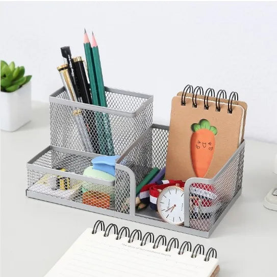 Black Mesh Desk Organizer – 3-Compartment Pencil Holder Caddy