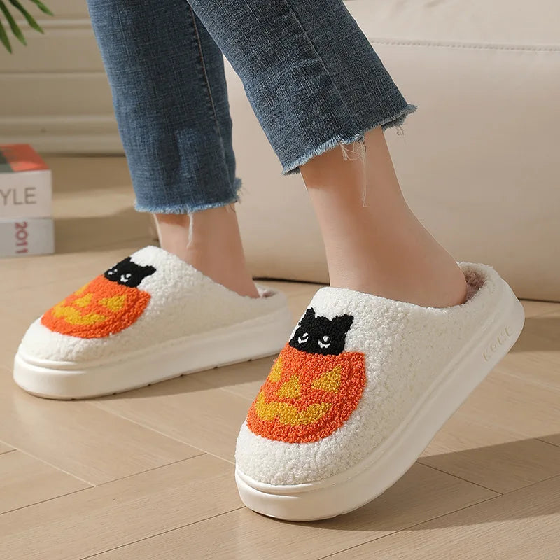 Halloween Pumpkin Cat Plush Slippers – Cozy Indoor House Shoes
