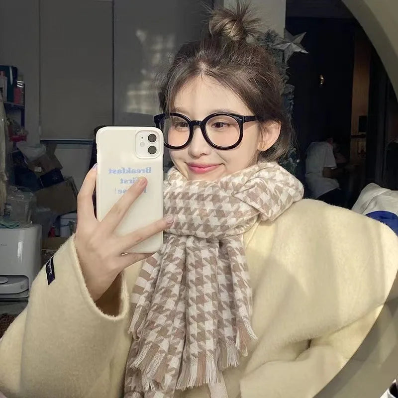 1PC Women's Autumn and Winter New Style, Fresh and Elegant, Imitation Check Pattern Fringe Scarf, Stylish and Versatile, Provide Peaceful Pleasures Health and Wellness Khaki One Size