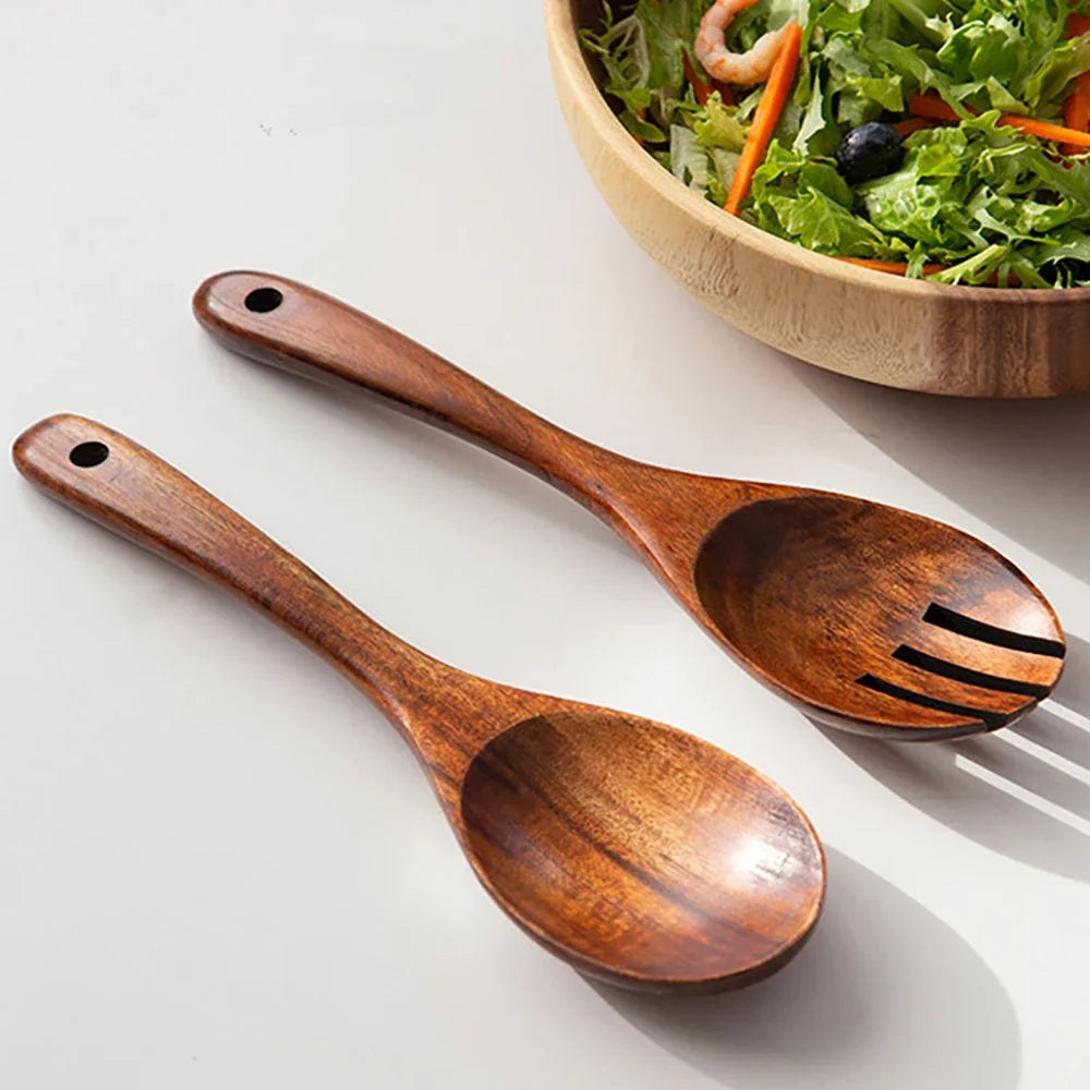 2-Piece Japanese-Style Wooden Serving Spoon & Fork Set – Long Handle Salad Scoop & Serving Utensils