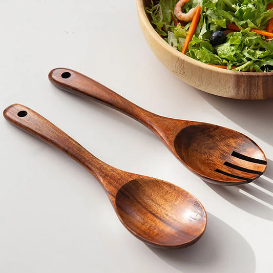 2-Piece Japanese-Style Wooden Serving Spoon & Fork Set – Long Handle Salad Scoop & Serving Utensils Peaceful Pleasures Health and Wellness