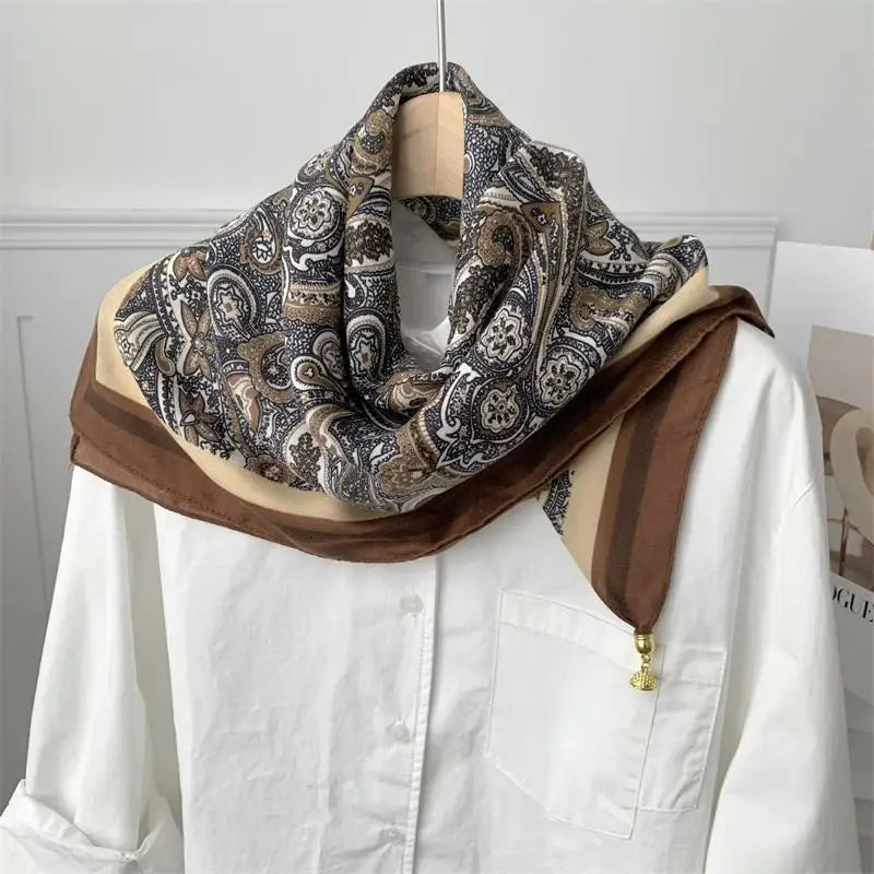 70x70 Retro Print Square Silk Scarf with Magnetic Buckle