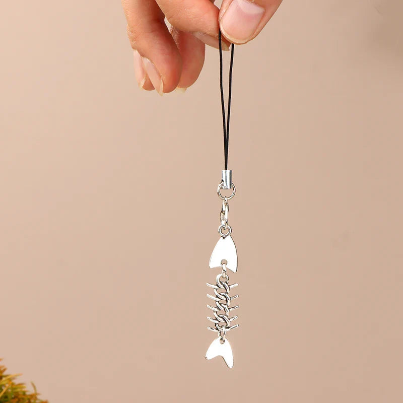 Y2K Fishbone Metal Phone Charm Lanyard | Alloy Keychain