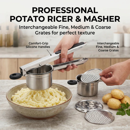 Stainless Steel Potato Masher Manual Press French Fries Cutter Dispenser Crusher Making Squeezer With 3/4 Interchangeable Discs Peaceful Pleasures Health and Wellness
