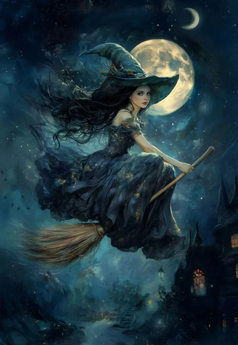 Halloween Witch Black Cat Pumpkin Full Moon Canvas Wall Art
