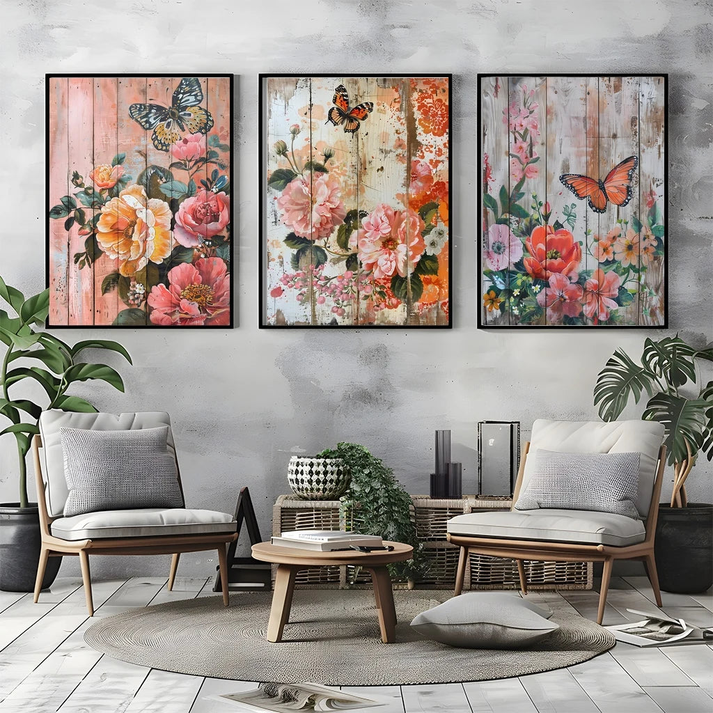 Nordic Wall Art Butterfly & Flowers on Wooden Plank Canvas Painting Nordic Style Poster Prints Bedroom Living Room Wall Decor Peaceful Pleasures Health and Wellness
