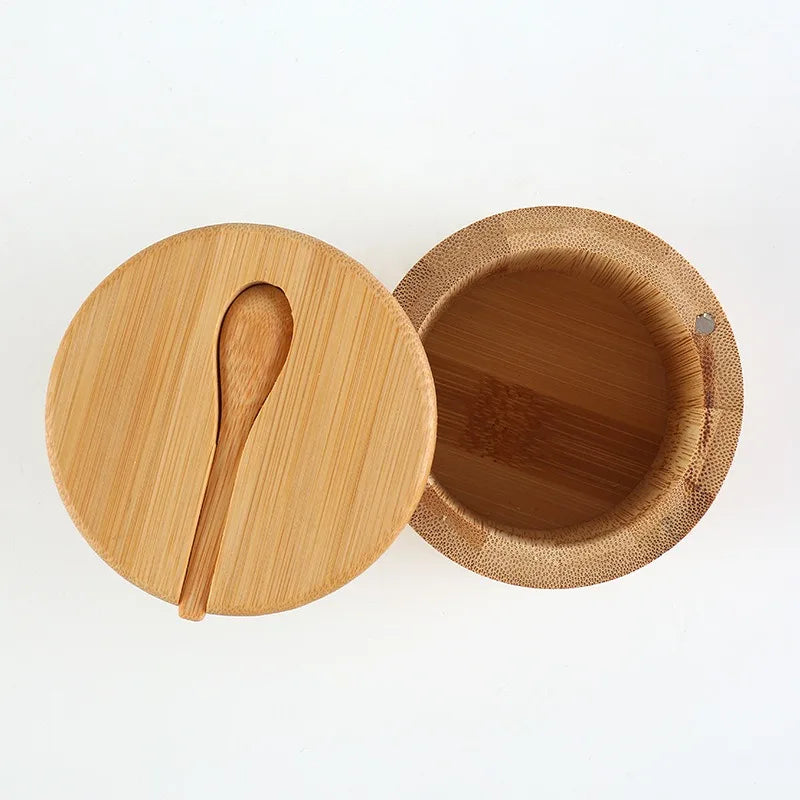 Bamboo Seasoning Jar with Magnetic Lid & Spoon – Salt, Pepper & Condiment Storage Pot