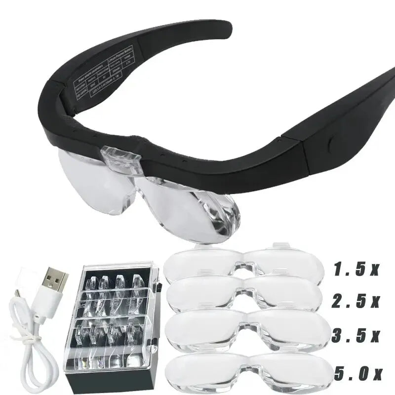 Head-mounted Magnifying Glasses With 2 LED Light For Reading Watchmaker Repair USB Rechargeable Magnifier 1.5X 2.5X 3.5X 5.0X Peaceful Pleasures Health and Wellness black