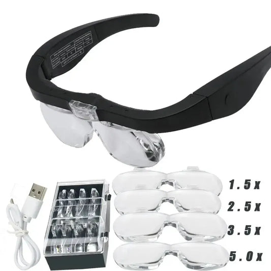 Head-mounted Magnifying Glasses With 2 LED Light For Reading Watchmaker Repair USB Rechargeable Magnifier 1.5X 2.5X 3.5X 5.0X Peaceful Pleasures Health and Wellness black