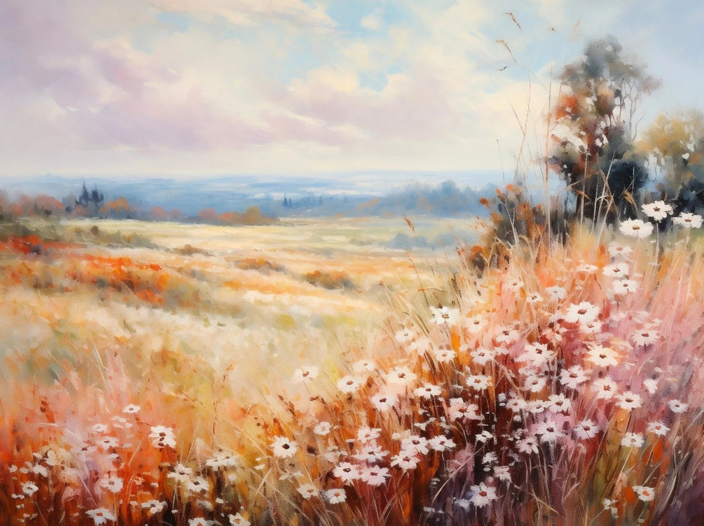 Wildflower Field Landscape Oil Poster Vintage Rustic Moody Autumn Country Scenery Canvas Painting Wall Art for Room Home Deco Peaceful Pleasures Health and Wellness