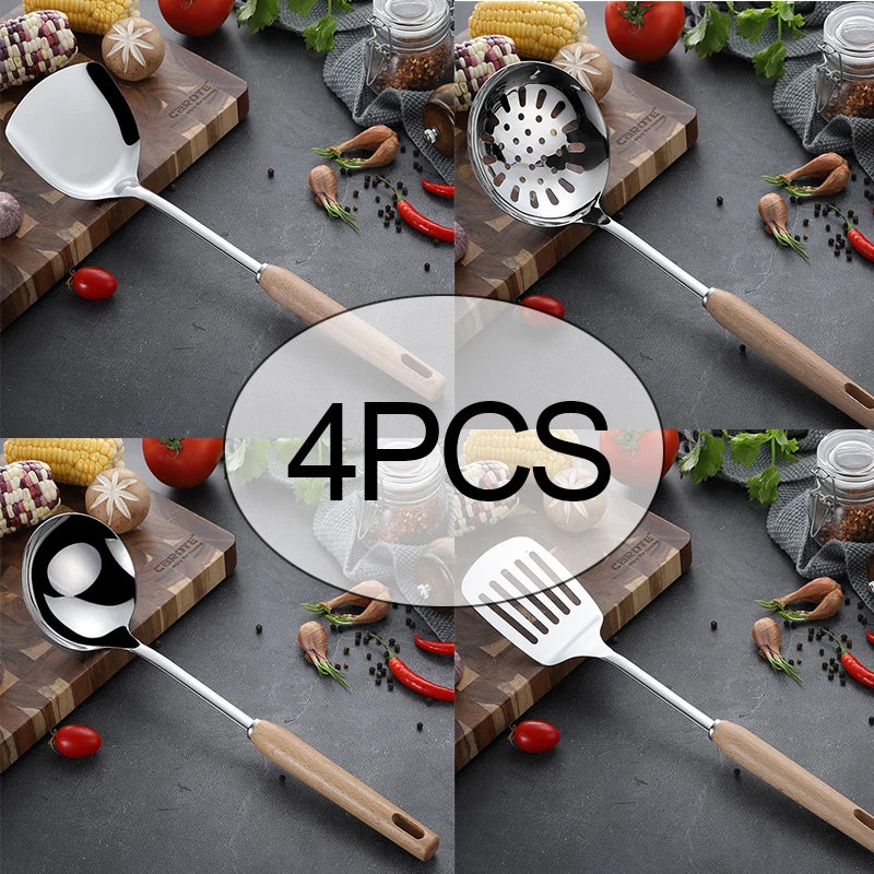 6-Piece Wooden Handle Stainless Steel Kitchen Utensil Set – Beech Wood Cooking Spoons & Spatulas