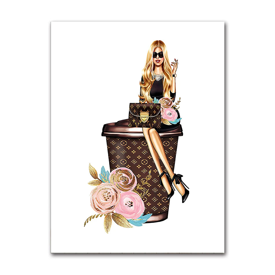 Paris Fashion Girl Flower Canvas Wall Art Print | Unframed Poster