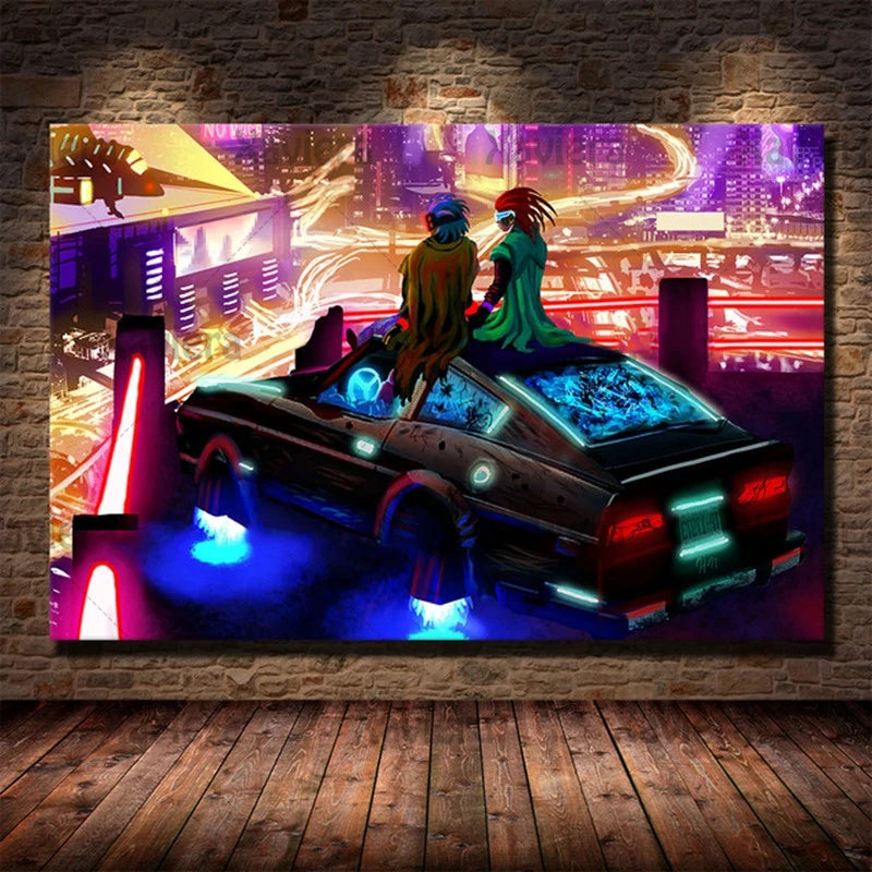 Canvas Art Painting Future Sci-Fi Punk Style Artwork Night City Street Scenery Poster Technology Wall Picture Home Decoration Peaceful Pleasures Health and Wellness