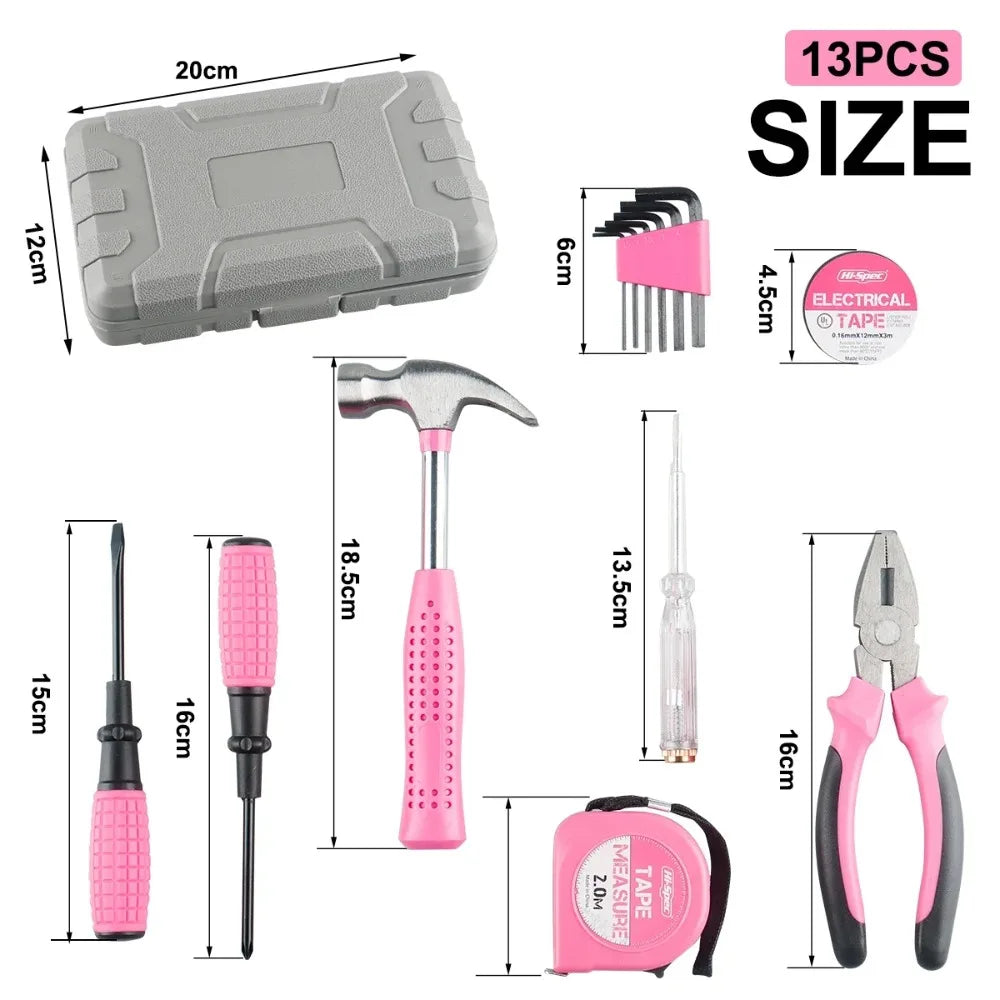 Tool Boxes 13-Piece Compact Home and Office Yellow and Pink DIY Hand Tool Kit Set for Household Improvement Repairs Wire Cutter Peaceful Pleasures Health and Wellness