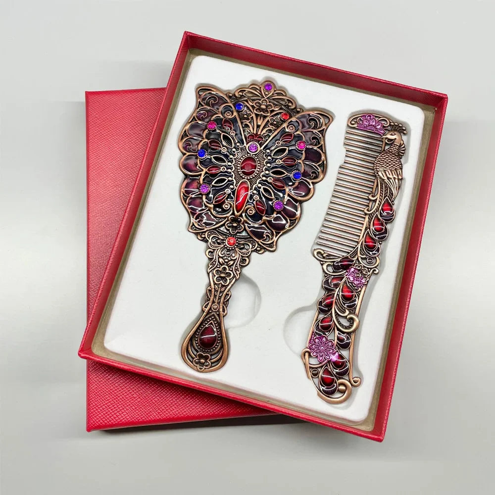 Vintage Peacock Mirror & Comb Set – Rhinestone Metal Gift