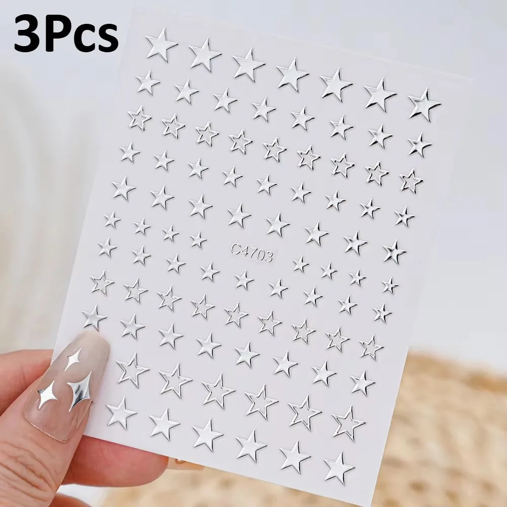 3D Silver Nail Art Stickers – Stars, Hearts & Chain Decals