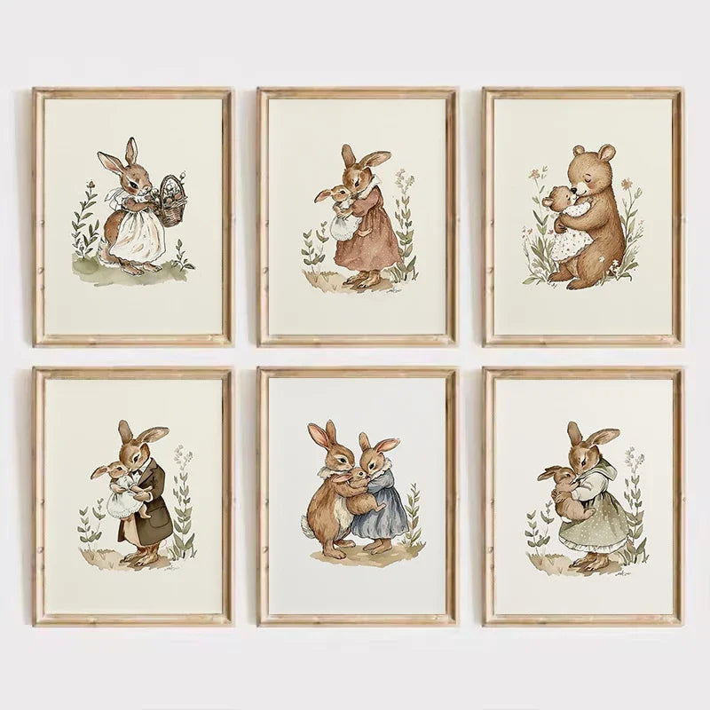 Cartoon Mom & Bunny Nursery Canvas Wall Art | Unframed Print