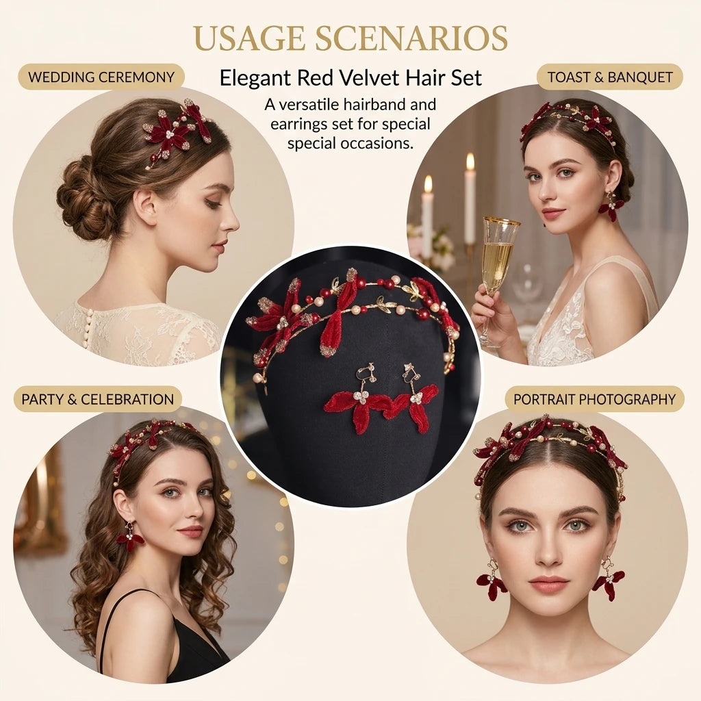 Red Velvet Bridal Headband Earring Set For Chinese Wedding Toast Ceremony Peaceful Pleasures Health and Wellness