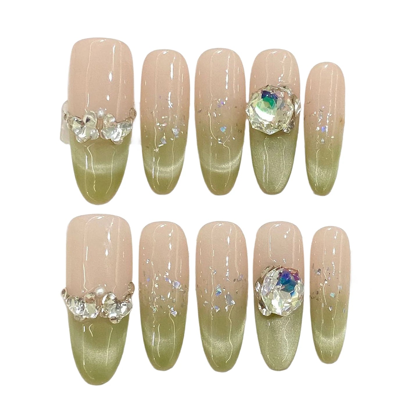 Press On Nails Matcha Green Cat Eye Rhinestones Long Oval 10pcs