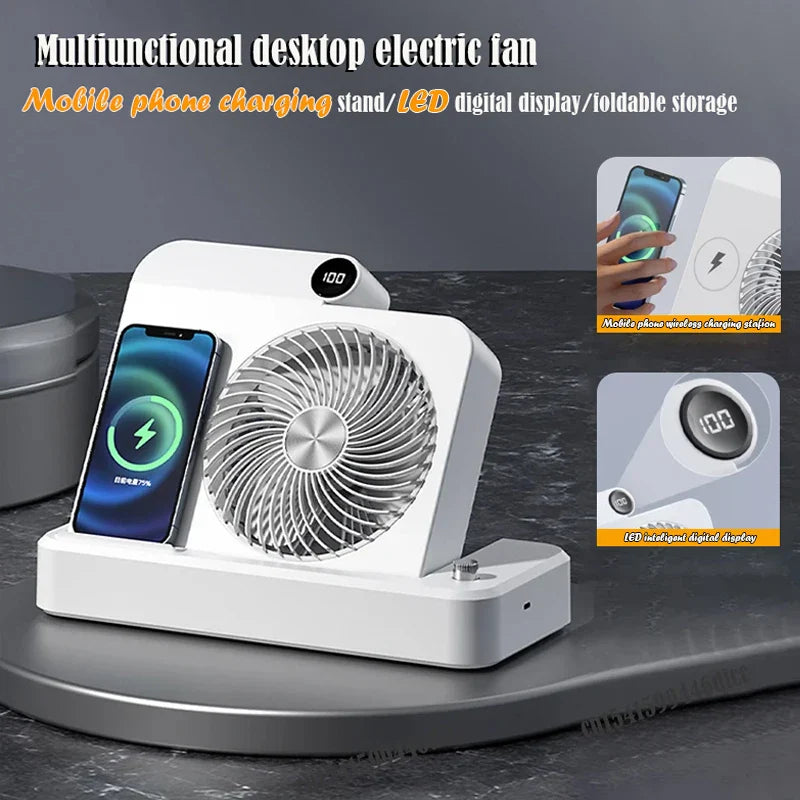 Desktop Wireless Charging Fan – 100-Speed, USB, Phone Holder