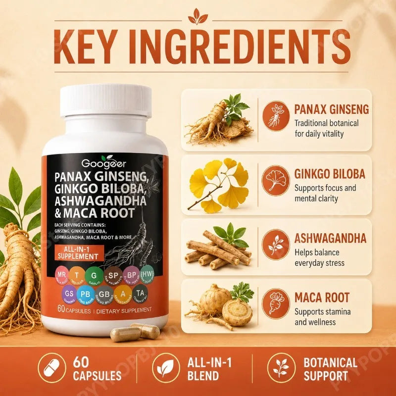Botanical All-in-1 Blend | Ginseng Ginkgo Ashwagandha Maca 60 Caps