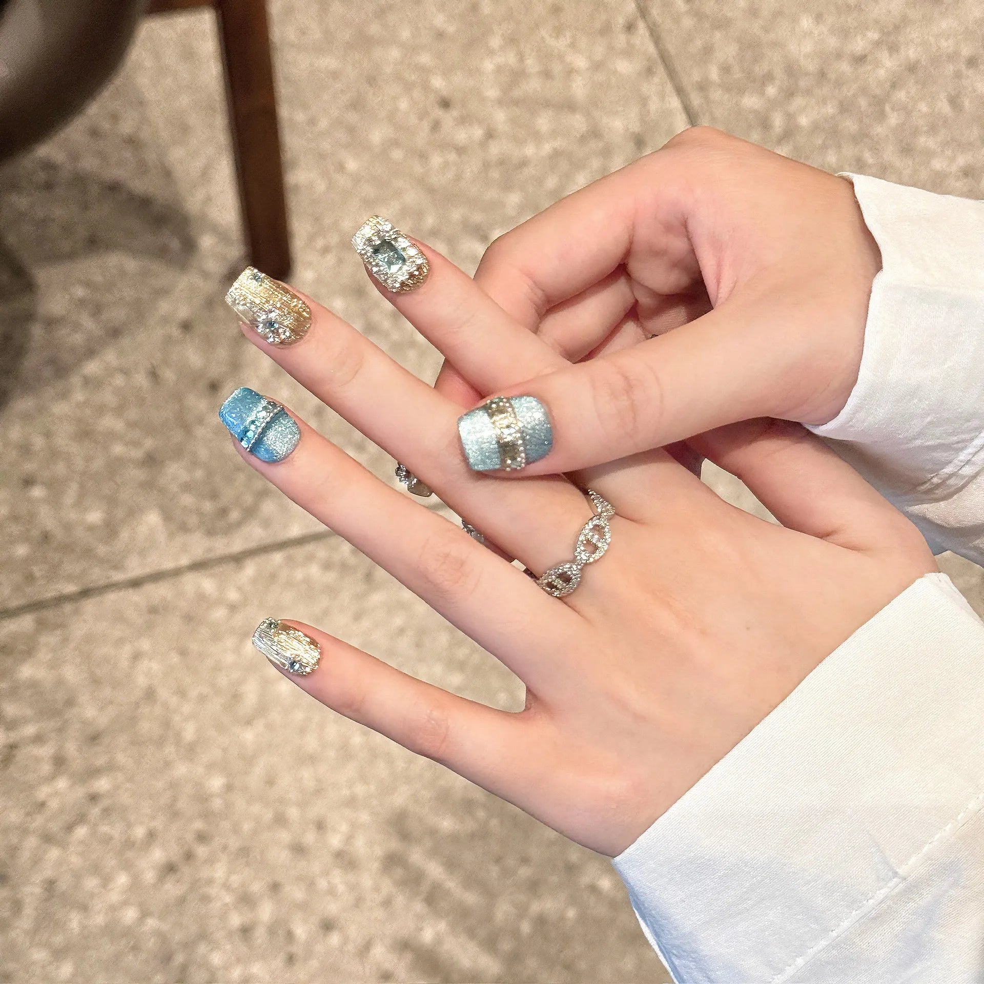 Handmade Press on Nails Glitter Blue Cat Eye Short Fake Nails Full Cover Wearable Super Shiny Gold Crystal Bride False Nail Tips Peaceful Pleasures Health and Wellness