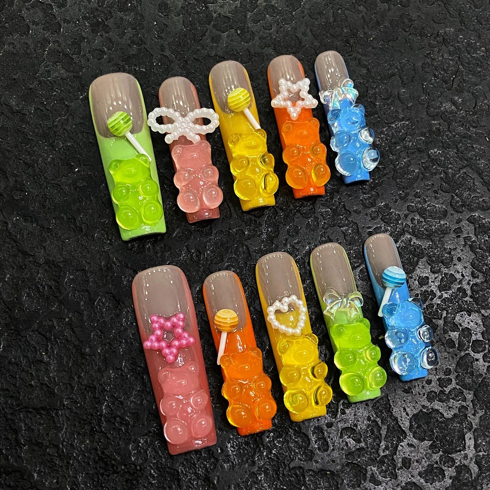Handmade Press on Nails Cute Candy Bear Bow Love Decor False Nails for Women Wearable Full Cover European Extra Long Fake Nails Peaceful Pleasures Health and Wellness