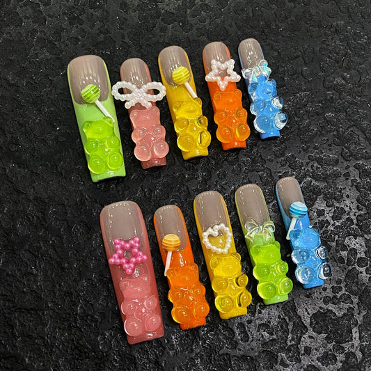 Handmade Press on Nails Cute Candy Bear Bow Love Decor False Nails for Women Wearable Full Cover European Extra Long Fake Nails Peaceful Pleasures Health and Wellness