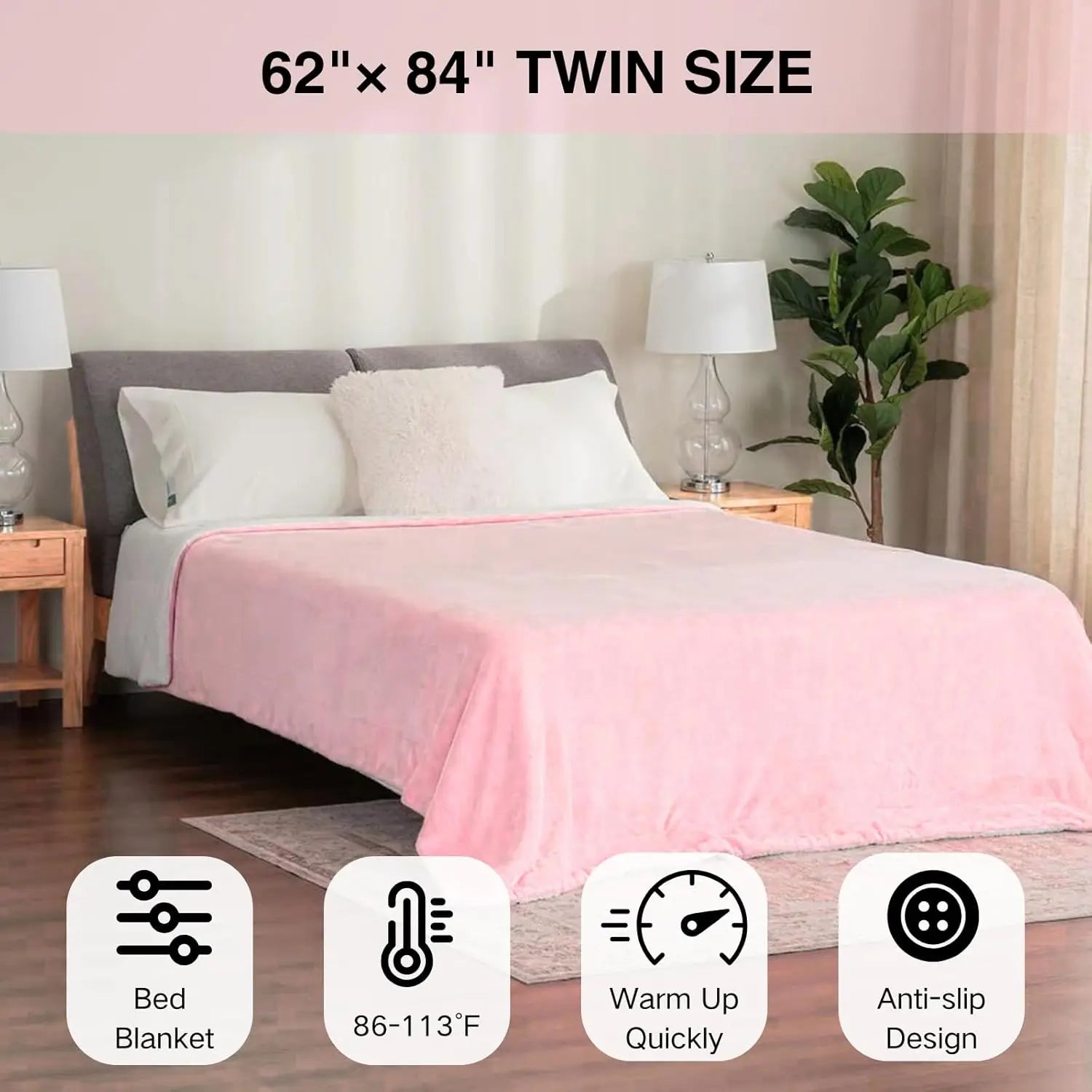 Pink Twin Size Electric Heated Blanket, 62x84", 6 Heat Settings, Auto-Off Electric Heated Blanket Peaceful Pleasures Health and Wellness