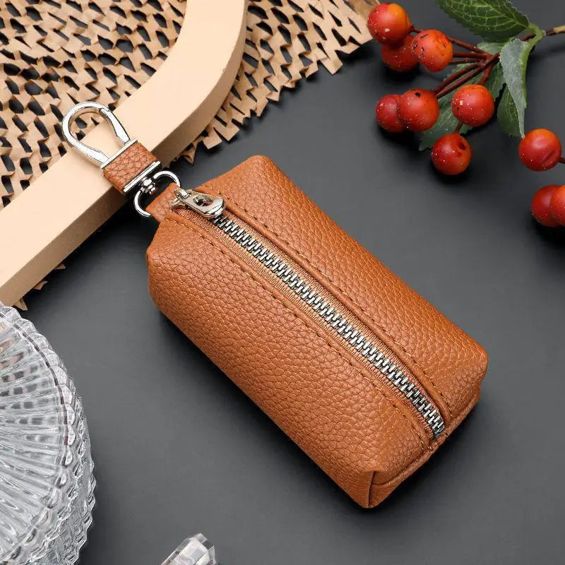 Double Zipper PU Leather Key & Coin Pouch with Metal Clip