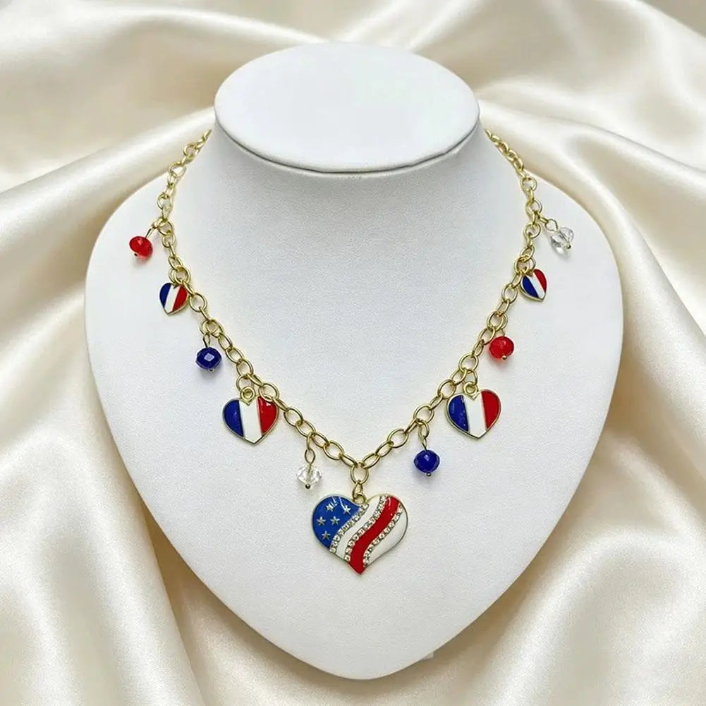Patriotic Beaded US Flag Pendant Necklace | Gold Chain Gift