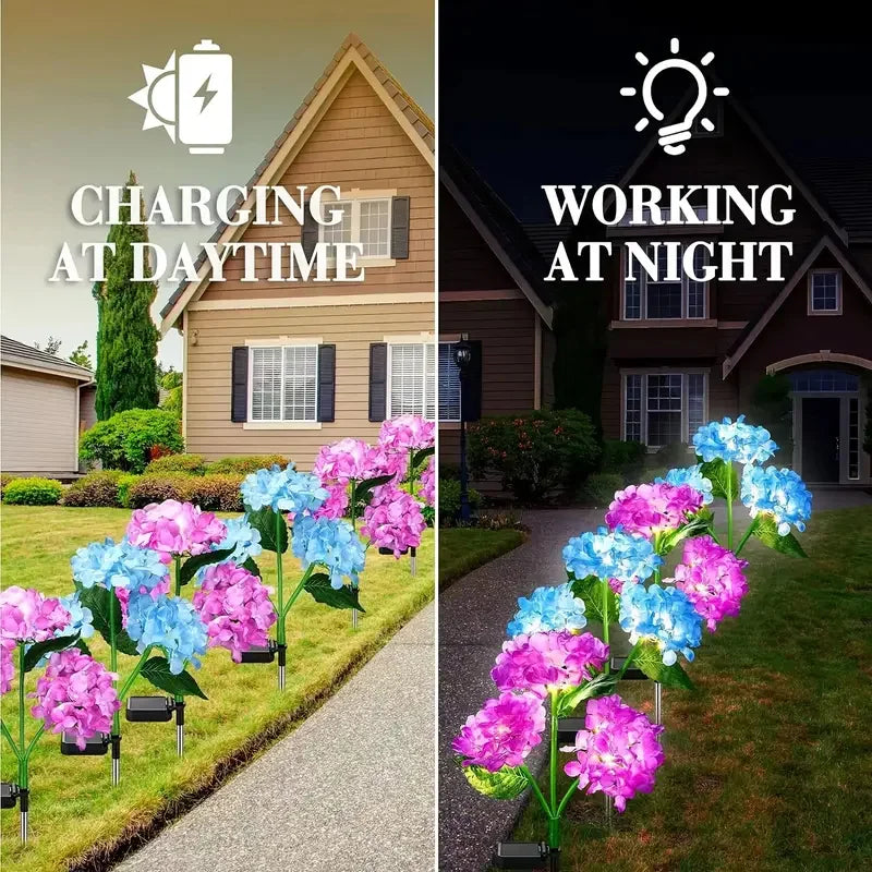 Solar Hydrangea Stake Lights 3-Head Blue Flower Garden Decor