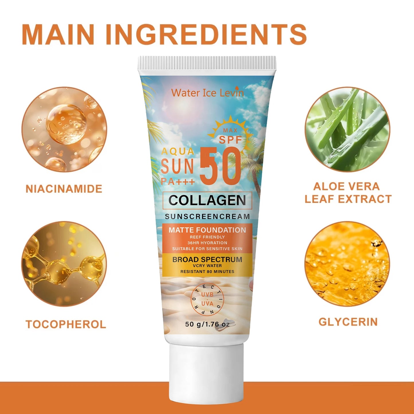SPF50 PA+++ Sunscreen, 36HR Hydrating & Water Resistant Collagen Sun Care Peaceful Pleasures Health and Wellness