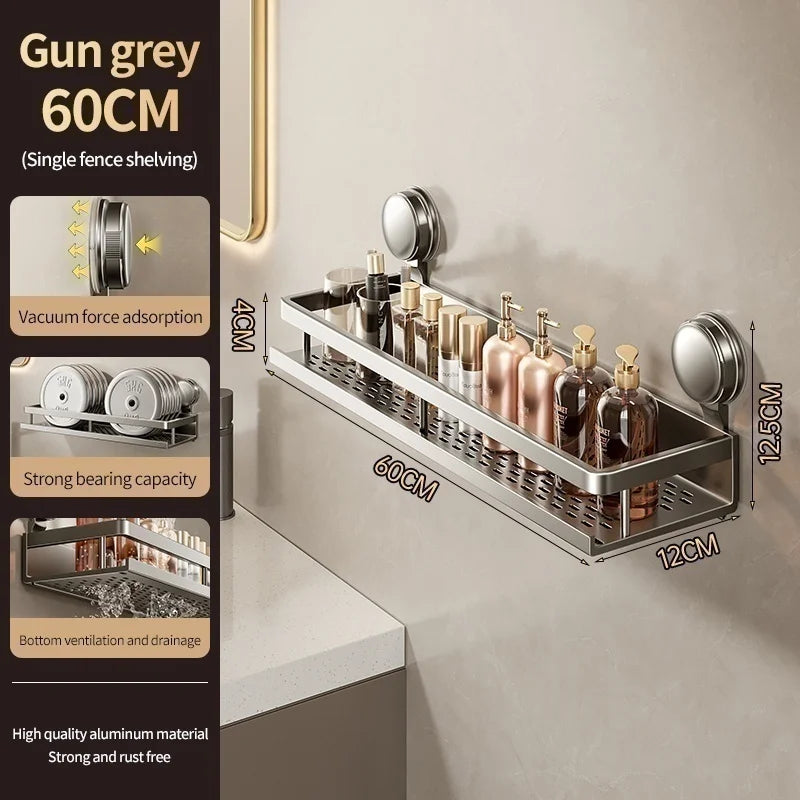 No-Drill Aluminum Suction Cup Bathroom Shelf Wall Organizer