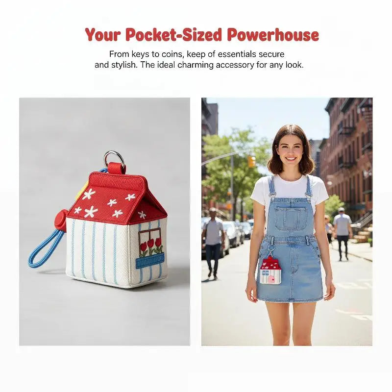 Red House Earphone & Coin Storage Bag Keychain Pendant