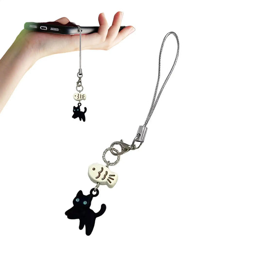 Kawaii Black Cat Phone Charm Pendant | Anime Keychain Phone Charm Keychain Peaceful Pleasures Health and Wellness