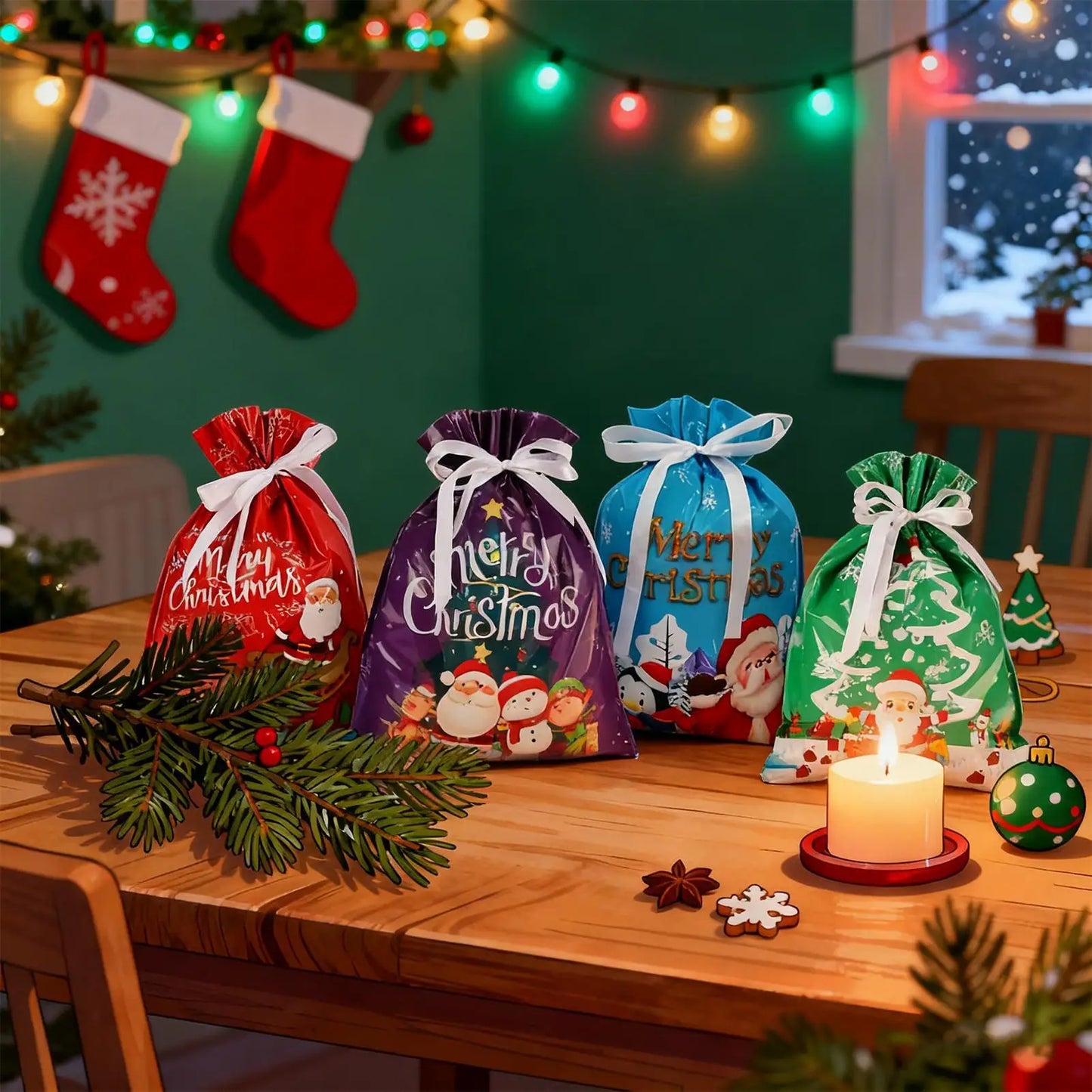 Christmas Treat Bags 15-Piece Reusable Pouch Goodie Wrap Drawstring Sacks for Cookie Chocolate Biscuits Candy Party Favors Toys Peaceful Pleasures Health and Wellness