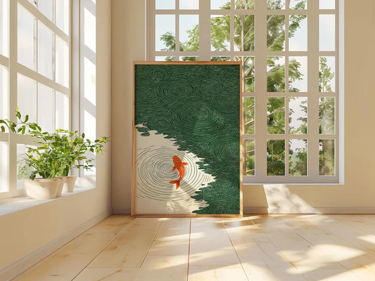 Retro Japanese Ripple Canvas Wall Art – Green & Orange Print Canvas Wall Art Peaceful Pleasures Health and Wellness G4127 30x40cm Metal Framed